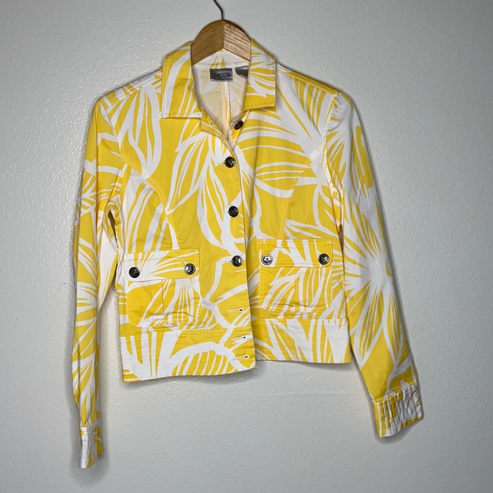 Chicos Tropical Print Button Jacket Sz  0‎ Small Yellow/White